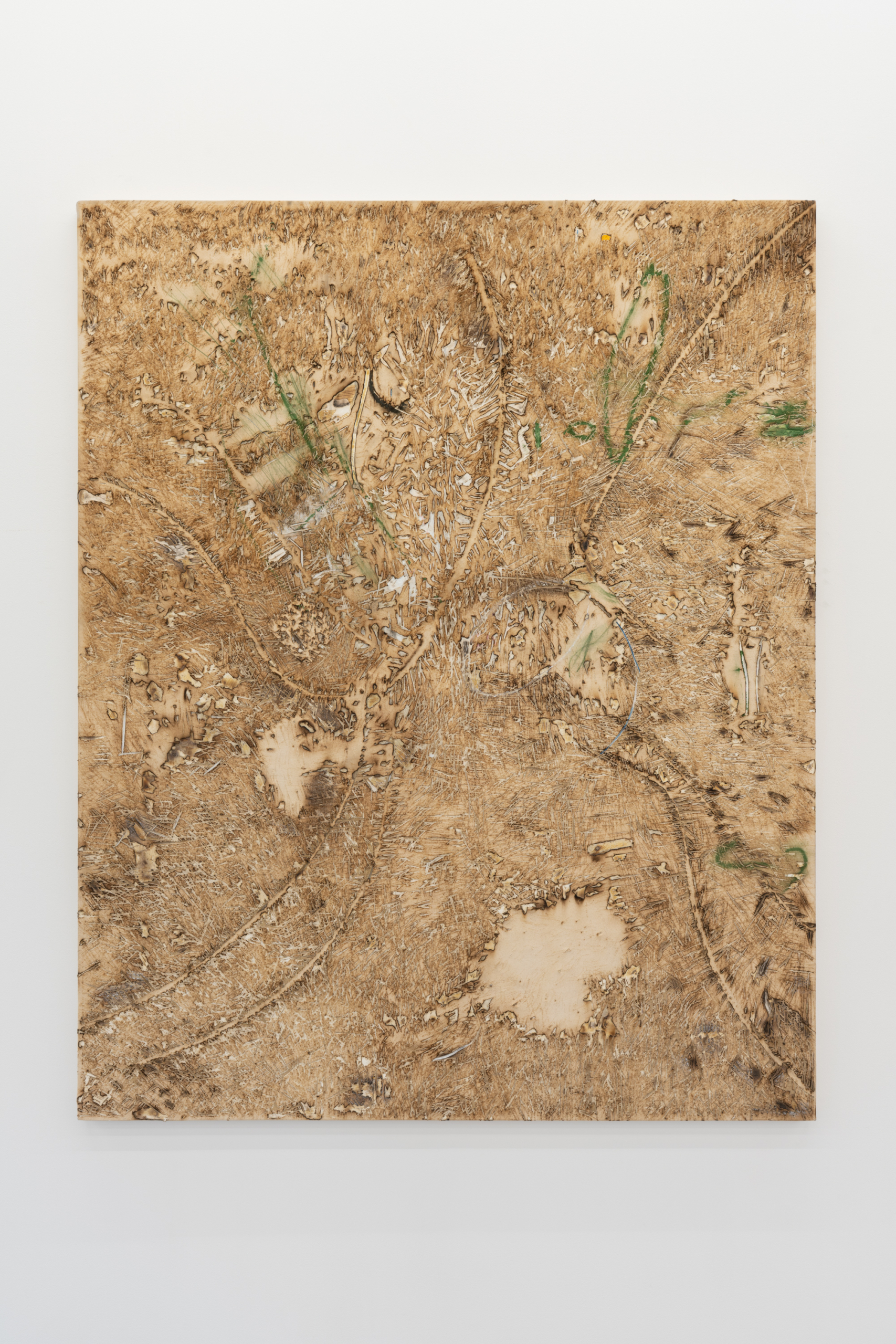 Ichi Tashiro. Untitled. 2025. Oil stick, oil pencil, and charring on cotton canvas and wood. 1620 × 1303 × 35 mm. Courtesy of Gallery Common.