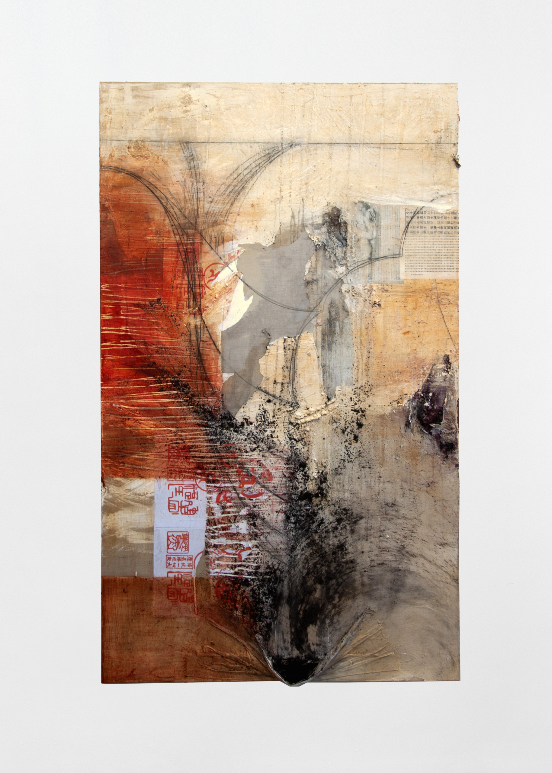 Minh Lan Tran. As below so above, as above so below. 2025. Egg tempera, pigment, soil, charcoal and paper on linen. 1800 × 1100 mm.