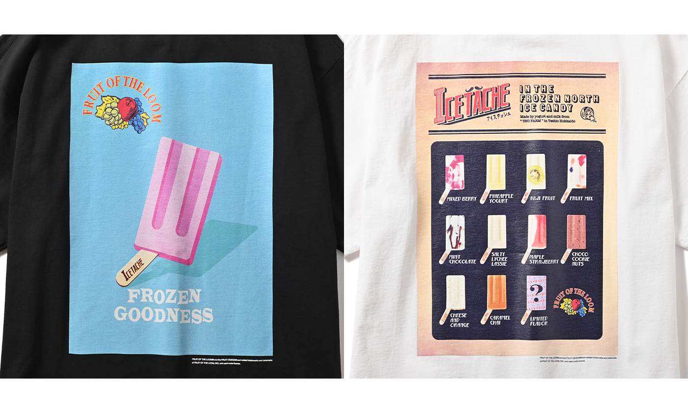 フルーツオブザルームが北海道札幌発のアイスキャンディーブランド「ICETACHE(アイスタッシュ)」とのコラボTシャツを発売